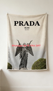 Prada Milano Angel Statue Print Flannel Throw Blanket Warm Beige Grey Neutral Tone Luxury Sofa Cover Blanket IMG_2830